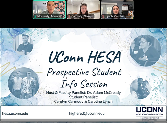 A video screen reads "UConn HESA Prospective Student Info Session"